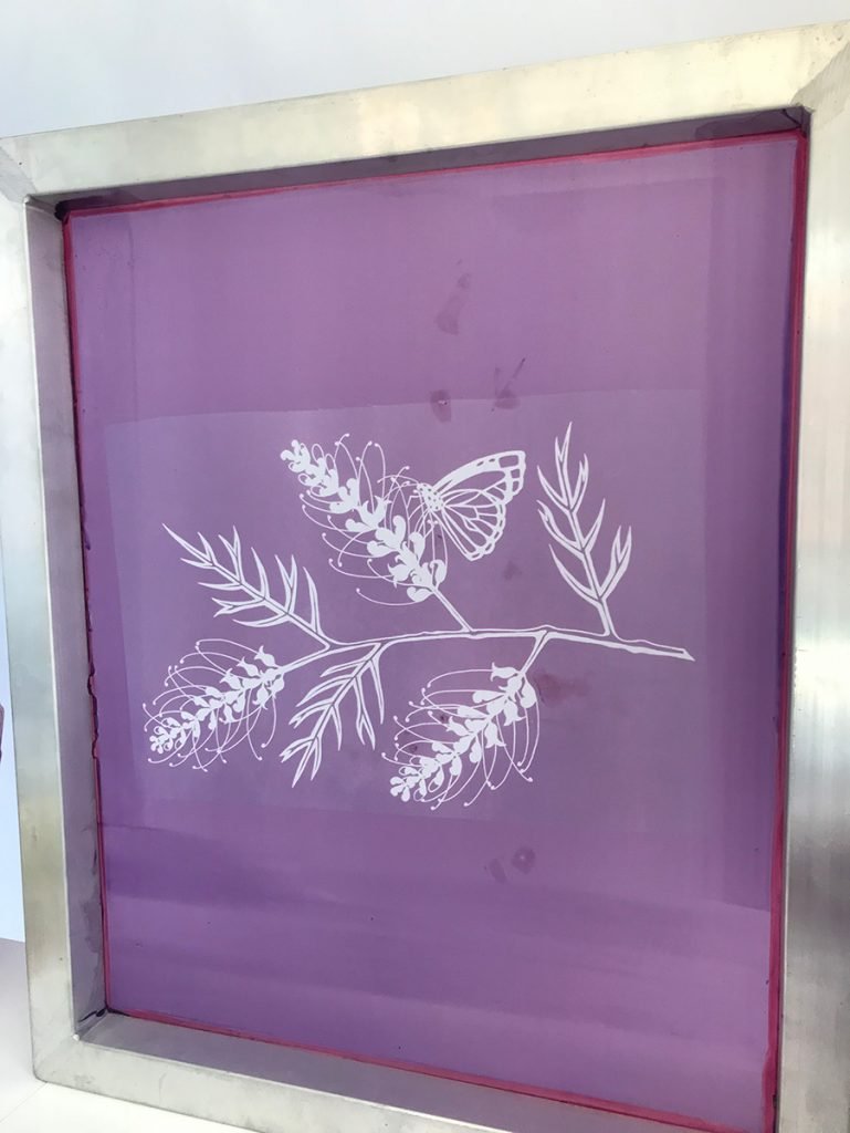 My grevillea drawing as a photo emulsion stencil on a screen