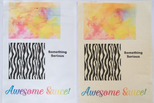 Test Prints. Left is on paper, right is on fabric.
