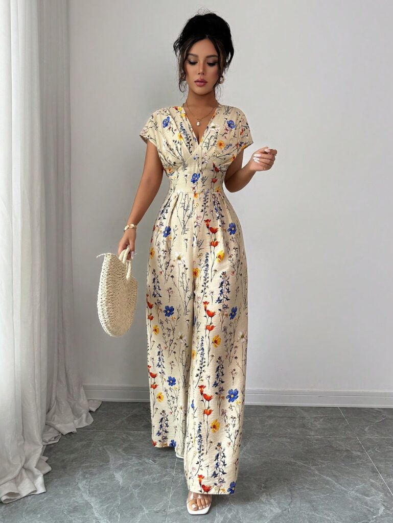 Elenzga Women's V-Neck Waist Cinching Casual Vacation Style Apricot Printed Jumpsuit