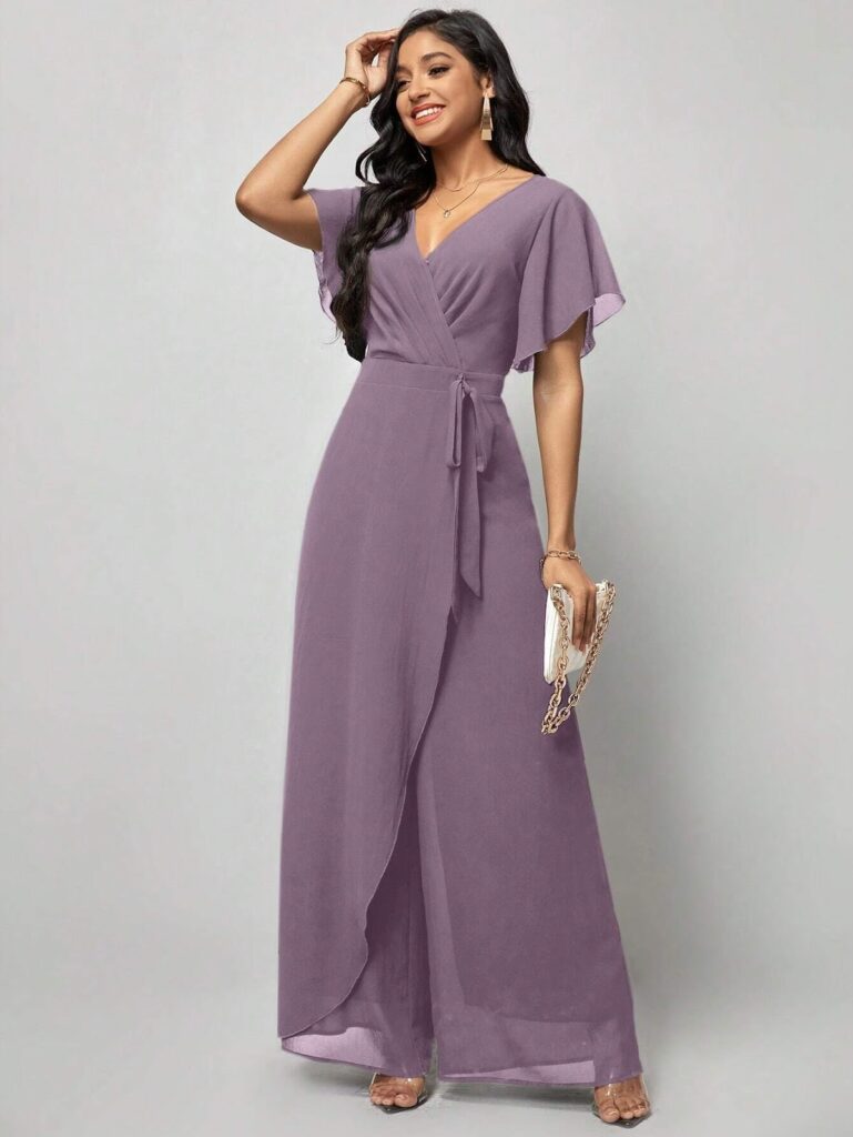 SHEIN Clasi Women's V-Neck Short Sleeve Jumpsuit With Side Ties And Back Zipper image