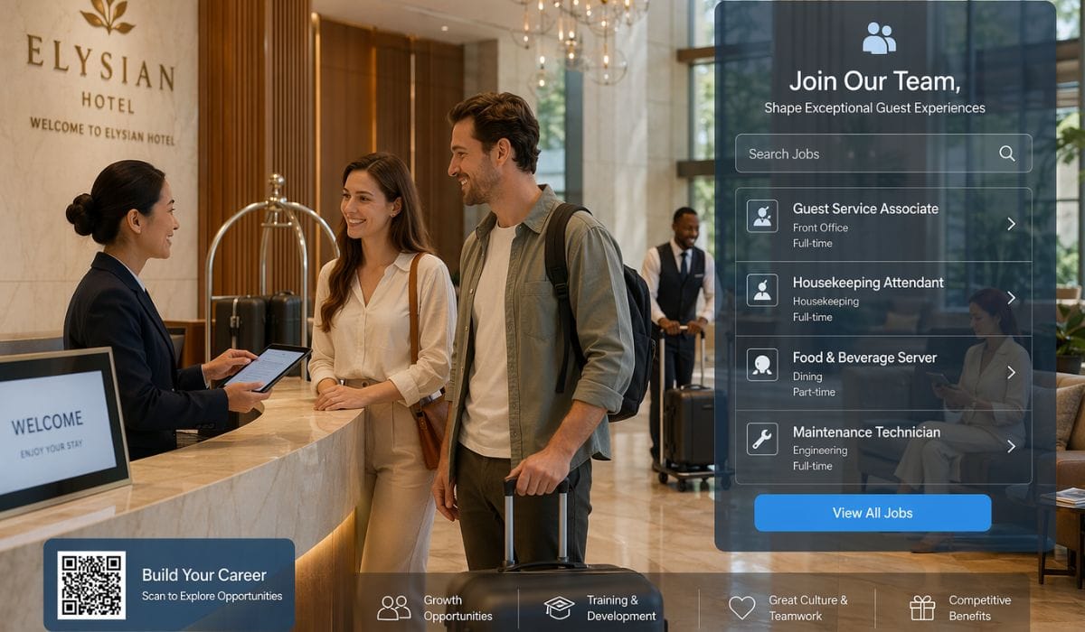 Modern hotel lobby with digital recruitment overla image