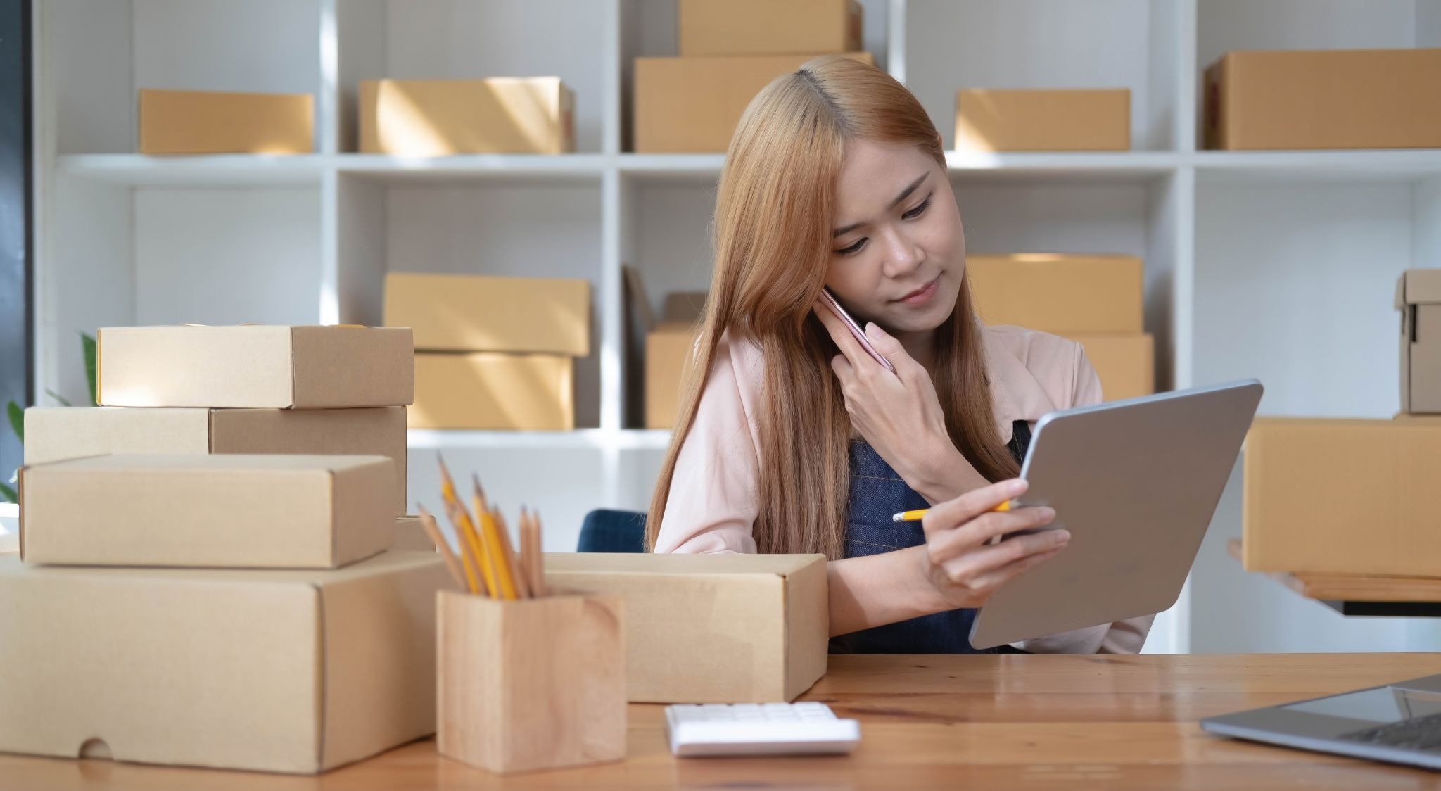 girl calling on phone in shipping office image