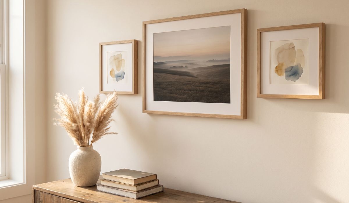 A collected, slightly asymmetrical gallery wall built around one horizontal statement piece image